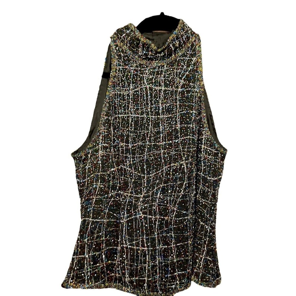 Papell Boutique Large Silk Embellished Rainbow Beaded Halter Top Vintage 90s